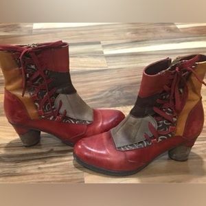 Tan and Red Ankle Boots with Lace-Up Design and Moderate Heel